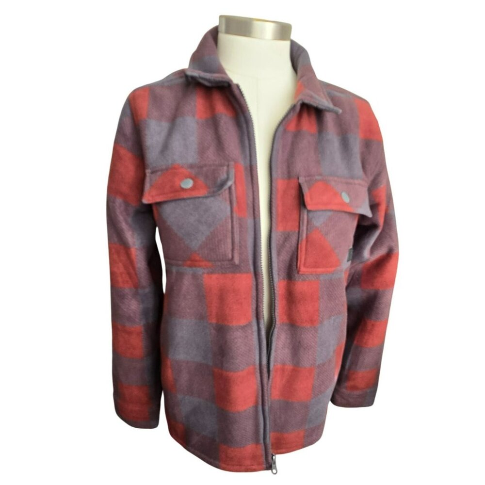 Mens Red & Gray Plaid Fleece Jacket Full Zip Size Small Voyager NWOT JJ4110